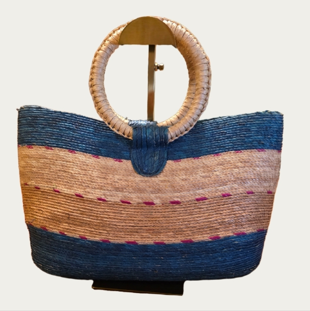 Handmade Basket Bag, Acapulco Tote | Contrast Gradient Dashed Lines, Some Flaws